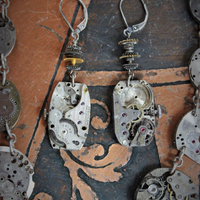 The Fabric of Time Necklace & Earrings Set with 16 Antique Watch Parts,Antique Gear & Gasket Connectors, Antique Chain & Clasp