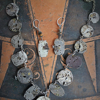 The Fabric of Time Necklace & Earrings Set with 16 Antique Watch Parts,Antique Gear & Gasket Connectors, Antique Chain & Clasp