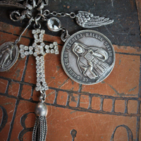The Protection Bracelet with Antique Sterling Saint Christopher Medallion,Antique French Penin Sacred Heart Medal,Antique Prong Set Rhinestone Cross & More!