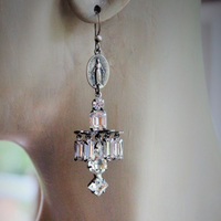 Antique Marian Necklace & Earrings with Amazing Antique Rhinestone Drops,Antique Marian Medals, Sterling Chain & Clasp