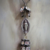 Antique Marian Necklace & Earrings with Amazing Antique Rhinestone Drops,Antique Marian Medals, Sterling Chain & Clasp