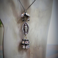 Antique Marian Necklace & Earrings with Amazing Antique Rhinestone Drops,Antique Marian Medals, Sterling Chain & Clasp