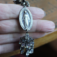 Antique Marian Necklace & Earrings with Amazing Antique Rhinestone Drops,Antique Marian Medals, Sterling Chain & Clasp