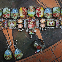 SOLD to J OOAK Ayala Bar Faceted Glass Findings Parure with Wide Bracelet,Ring and Earrings