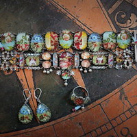 SOLD to J OOAK Ayala Bar Faceted Glass Findings Parure with Wide Bracelet,Ring and Earrings