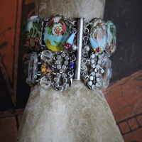 OOAK Ayala Bar Faceted Glass Findings Parure with Wide Bracelet,Ring and Earrings