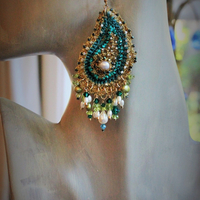 Amazing Intricately Crocheted Peridot, Pearl and Crystal Paisley Earrings