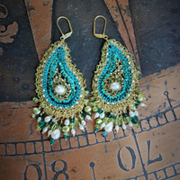 Amazing Intricately Crocheted Peridot, Pearl and Crystal Paisley Earrings