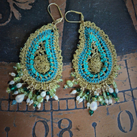 Amazing Intricately Crocheted Peridot, Pearl and Crystal Paisley Earrings