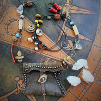 The Energy Amulet Necklace with Distressed Leather Pouch,3 Double Terminated Rock Crystals,Elk Antler Slices,Trade Beads & More!