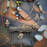 The Energy Amulet Necklace with Distressed Leather Pouch,3 Double Terminated Rock Crystals,Elk Antler Slices,Trade Beads & More!