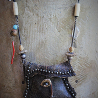 The Energy Amulet Necklace with Distressed Leather Pouch,3 Double Terminated Rock Crystals,Elk Antler Slices,Trade Beads & More!