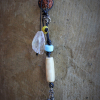 The Energy Amulet Necklace with Distressed Leather Pouch,3 Double Terminated Rock Crystals,Elk Antler Slices,Trade Beads & More!