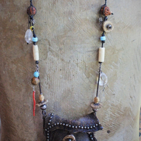 The Energy Amulet Necklace with Distressed Leather Pouch,3 Double Terminated Rock Crystals,Elk Antler Slices,Trade Beads & More!