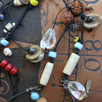 The Energy Amulet Necklace with Distressed Leather Pouch,3 Double Terminated Rock Crystals,Elk Antler Slices,Trade Beads & More!