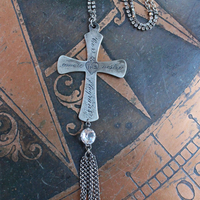 Burning with Our Love Necklace with French Sterling Engraved Sacred Heart Cross,Antique Faceted Rock Crystal Connector,Sterling Chain Tassel & Prong Set Rhinestone Chain