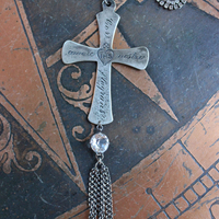 Burning with Our Love Necklace with French Sterling Engraved Sacred Heart Cross,Antique Faceted Rock Crystal Connector,Sterling Chain Tassel & Prong Set Rhinestone Chain