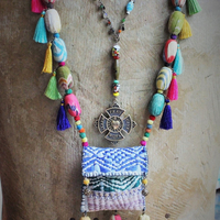 Joy is Prayer Necklace with Antique Kantha Wrapped Beads,Silk Tassels,Hand Stitched Kantha Pouch,9 Antique Watch Part Vessels with Prayer Scrolls