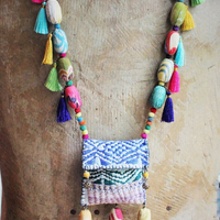 Joy is Prayer Necklace with Antique Kantha Wrapped Beads,Silk Tassels,Hand Stitched Kantha Pouch,9 Antique Watch Part Vessels with Prayer Scrolls