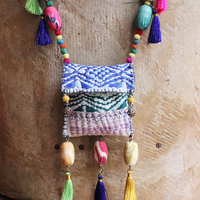 Joy is Prayer Necklace with Antique Kantha Wrapped Beads,Silk Tassels,Hand Stitched Kantha Pouch,9 Antique Watch Part Vessels with Prayer Scrolls