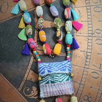 Joy is Prayer Necklace with Antique Kantha Wrapped Beads,Silk Tassels,Hand Stitched Kantha Pouch,9 Antique Watch Part Vessels with Prayer Scrolls