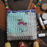 Joy is Prayer Necklace with Antique Kantha Wrapped Beads,Silk Tassels,Hand Stitched Kantha Pouch,9 Antique Watch Part Vessels with Prayer Scrolls