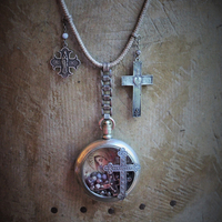 Most Loving Mother Necklace with Antique Watch Locket,Antique French Rosary,French Sacred Heart Cross & Medals, Antique Real Metal Trim Wrapped Chain