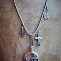 Most Loving Mother Necklace with Antique Watch Locket,Antique French Rosary,French Sacred Heart Cross & Medals, Antique Real Metal Trim Wrapped Chain