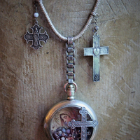 Most Loving Mother Necklace with Antique Watch Locket,Antique French Rosary,French Sacred Heart Cross & Medals, Antique Real Metal Trim Wrapped Chain