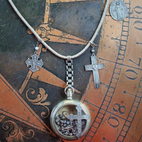 Most Loving Mother Necklace with Antique Watch Locket,Antique French Rosary,French Sacred Heart Cross & Medals, Antique Real Metal Trim Wrapped Chain