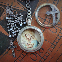 Most Loving Mother Necklace with Antique Watch Locket,Antique French Rosary,French Sacred Heart Cross & Medals, Antique Real Metal Trim Wrapped Chain