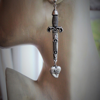 NEW! The Sword of Love Earrings with French Sword & Heart Medals, Sterling Posts