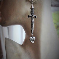 NEW! The Sword of Love Earrings with French Sword & Heart Medals, Sterling Posts