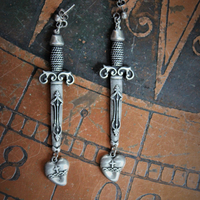 NEW! The Sword of Love Earrings with French Sword & Heart Medals, Sterling Posts