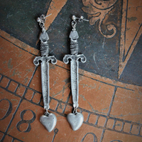 NEW! The Sword of Love Earrings with French Sword & Heart Medals, Sterling Posts