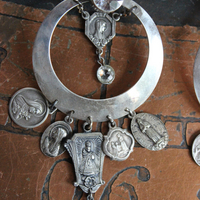 NEW! Sterling Hoop Earrings with Rock Crystals,12 Antique French Medals,4 Antique Bezel Set Faceted Crystals