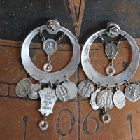 NEW! Sterling Hoop Earrings with Rock Crystals,12 Antique French Medals,4 Antique Bezel Set Faceted Crystals