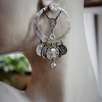 NEW! Sterling Hoop Earrings with Rock Crystals,12 Antique French Medals,4 Antique Bezel Set Faceted Crystals