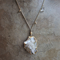 SOLD to J The Truth Necklace with Amazing Rock Quartz Cluster, Antique Faceted Tear Drop, Gold Fill Beads, Gold Fill Chain