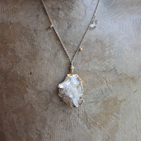 SOLD to J The Truth Necklace with Amazing Rock Quartz Cluster, Antique Faceted Tear Drop, Gold Fill Beads, Gold Fill Chain