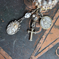 Wide 10 Coil Ring with 14K and Sterling Beads, Antique French Sacred Heart of Mary and Jesus Medals, Antique Sterling Cross & More!