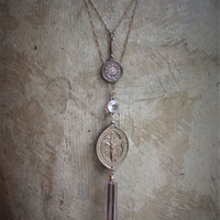 Agnes Dei & Chalice Necklace with RARE 1826 Rose Bronze Medal, Antique French Rose Bronze Sacred Heart Medal, Antique Bezel Set Rock Crystal Connector & Chain Tassel