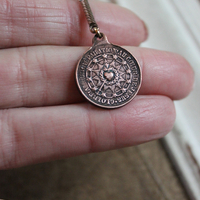 Agnes Dei & Chalice Necklace with RARE 1826 Rose Bronze Medal, Antique French Rose Bronze Sacred Heart Medal, Antique Bezel Set Rock Crystal Connector & Chain Tassel
