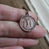 Agnes Dei & Chalice Necklace with RARE 1826 Rose Bronze Medal, Antique French Rose Bronze Sacred Heart Medal, Antique Bezel Set Rock Crystal Connector & Chain Tassel