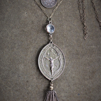 Agnes Dei & Chalice Necklace with RARE 1826 Rose Bronze Medal, Antique French Rose Bronze Sacred Heart Medal, Antique Bezel Set Rock Crystal Connector & Chain Tassel