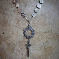 NEW! Antique French Medal Chain Necklace with Rare Antique Sterling Thumb Rosary & Crucifix