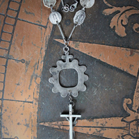 NEW! Antique French Medal Chain Necklace with Rare Antique Sterling Thumb Rosary & Crucifix