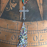 The Best Colors Necklace with Handstrung Multi Strand Seed Bead Chain,Perseverance Cross,Seed Bead Tassel,Antique Fleur de Lis Button