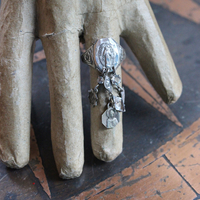 Antique Sterling Marian Ring Set with Miniature Antique French Medals & Antique Art Deco Faceted Rock Crystal Drops