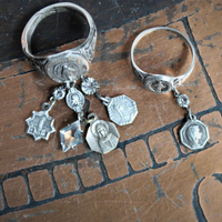 Antique Sterling Marian Ring Set with Miniature Antique French Medals & Antique Art Deco Faceted Rock Crystal Drops